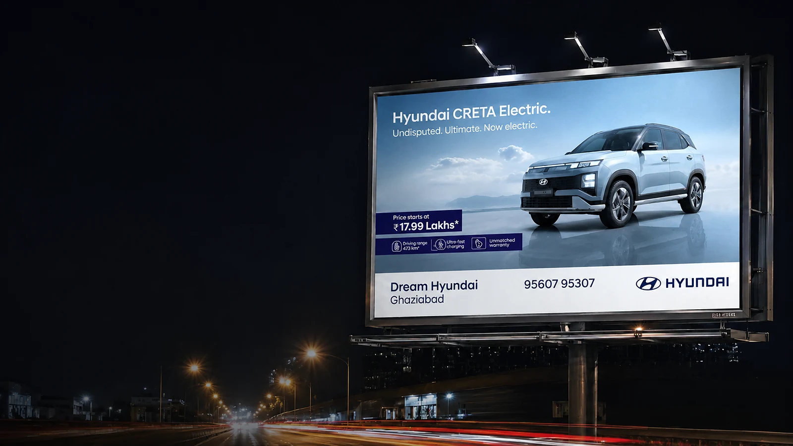 Hyundai CRETA Electric hoarding lit at night near DPSG on the Meerut Mor route, by Adelite Media